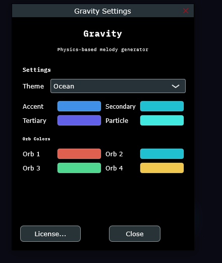 Gravity's settings dialog with the License button at the bottom