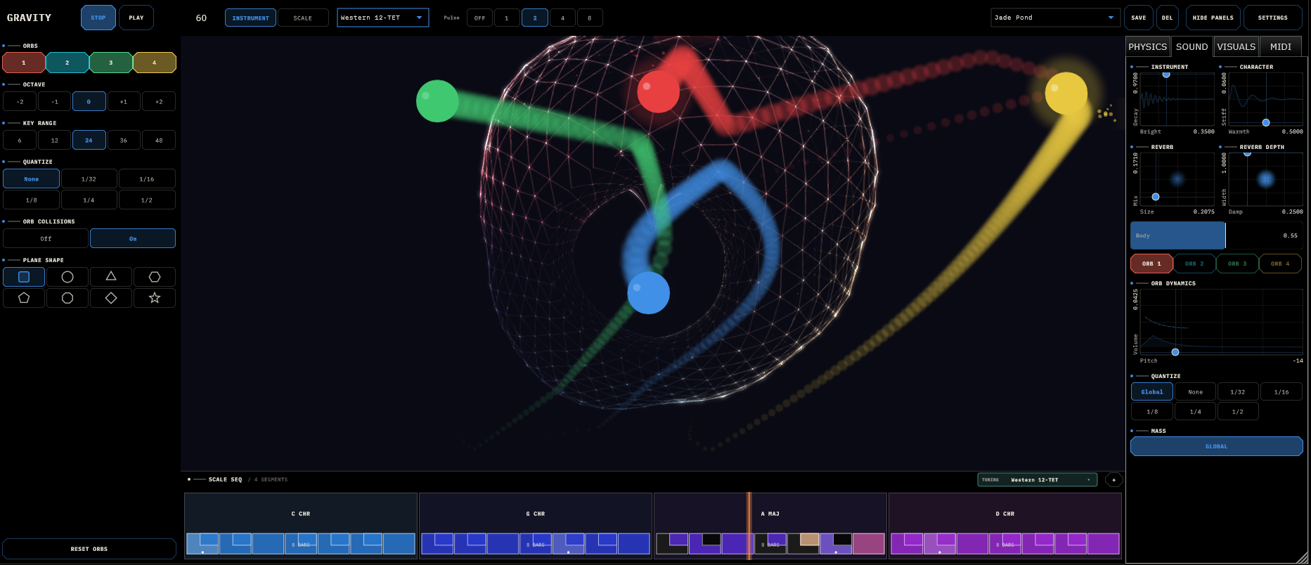 Gravity INSTRUMENT view — top bar, left rail, 3D physics plane with four orbs, right tab panel, scale strip