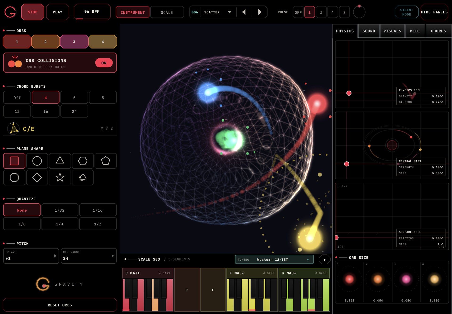 Gravity's full interface on an iPad: the left rail with the orb enables, the Orb Collisions switch, Chord Bursts with the last chord and its ring, the plane shape icons, Quantize and the Octave and Key Range chips; the physics plane with four glowing orbs trailing around a geodesic sphere and its central well; the PHYSICS tab open on the right panel beside SOUND, VISUALS, MIDI and CHORDS; the preset slot and Silent Mode on the top bar; and the scale-sequencer strip along the bottom
