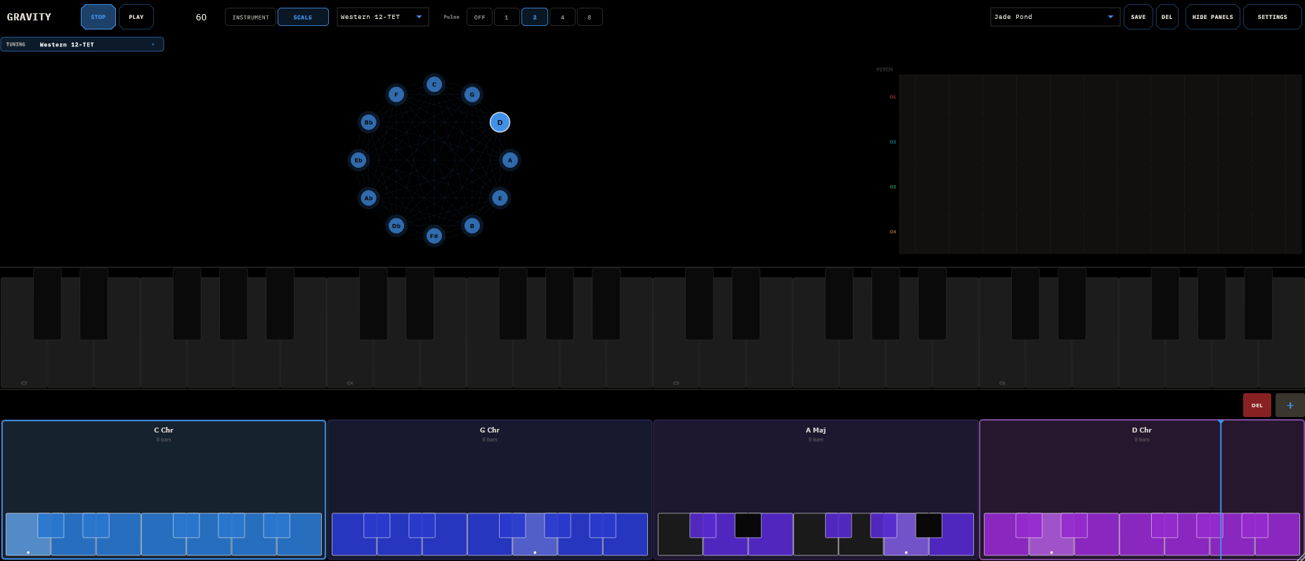 Gravity SCALE view — TUNING chip, tuning wheel, per-orb pitch lanes, keyboard strip, and scale-sequencer segments